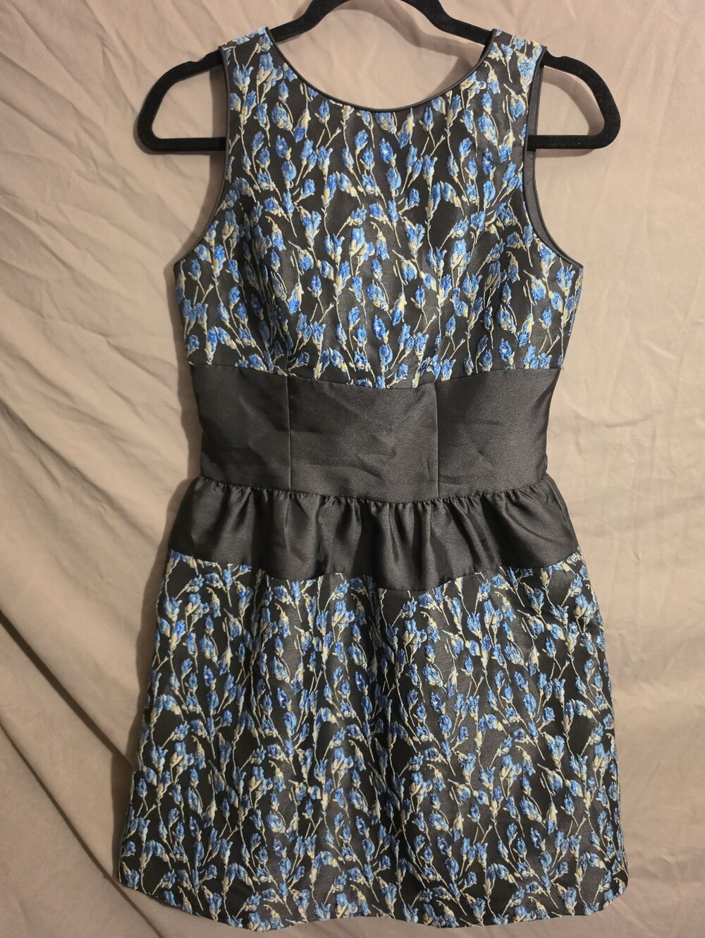 NWT Badgley Mischka Black Mini Dress with Blue Floral Jacquard Accents